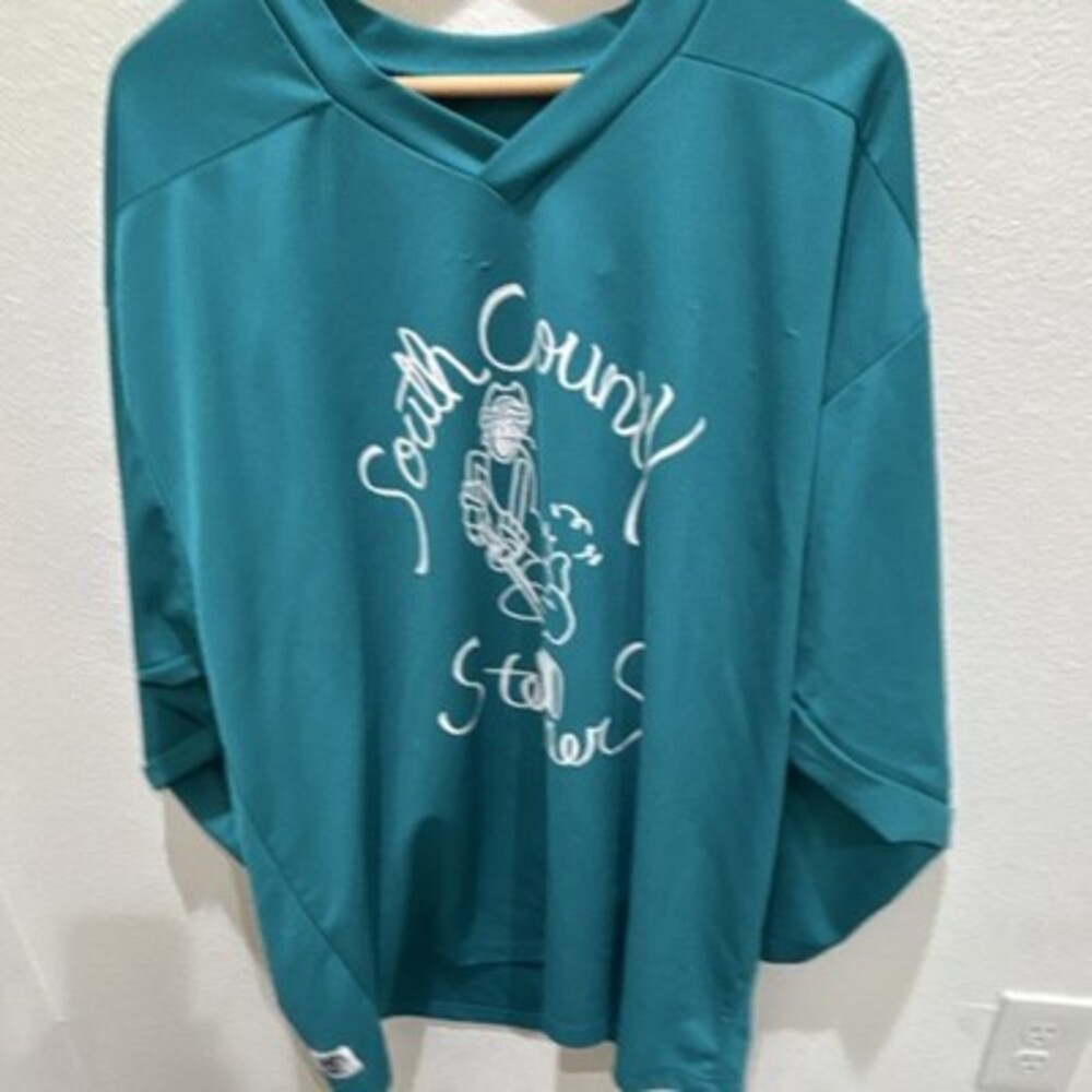 Pear Sox South County Stealers Teal #6 Men's Long Sleeve V Neck Baseball Jersey